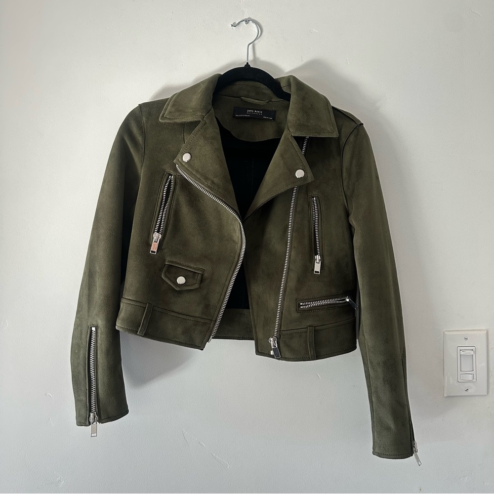 Zara Olive Green Moto Jacket XS Faux Suede Womens